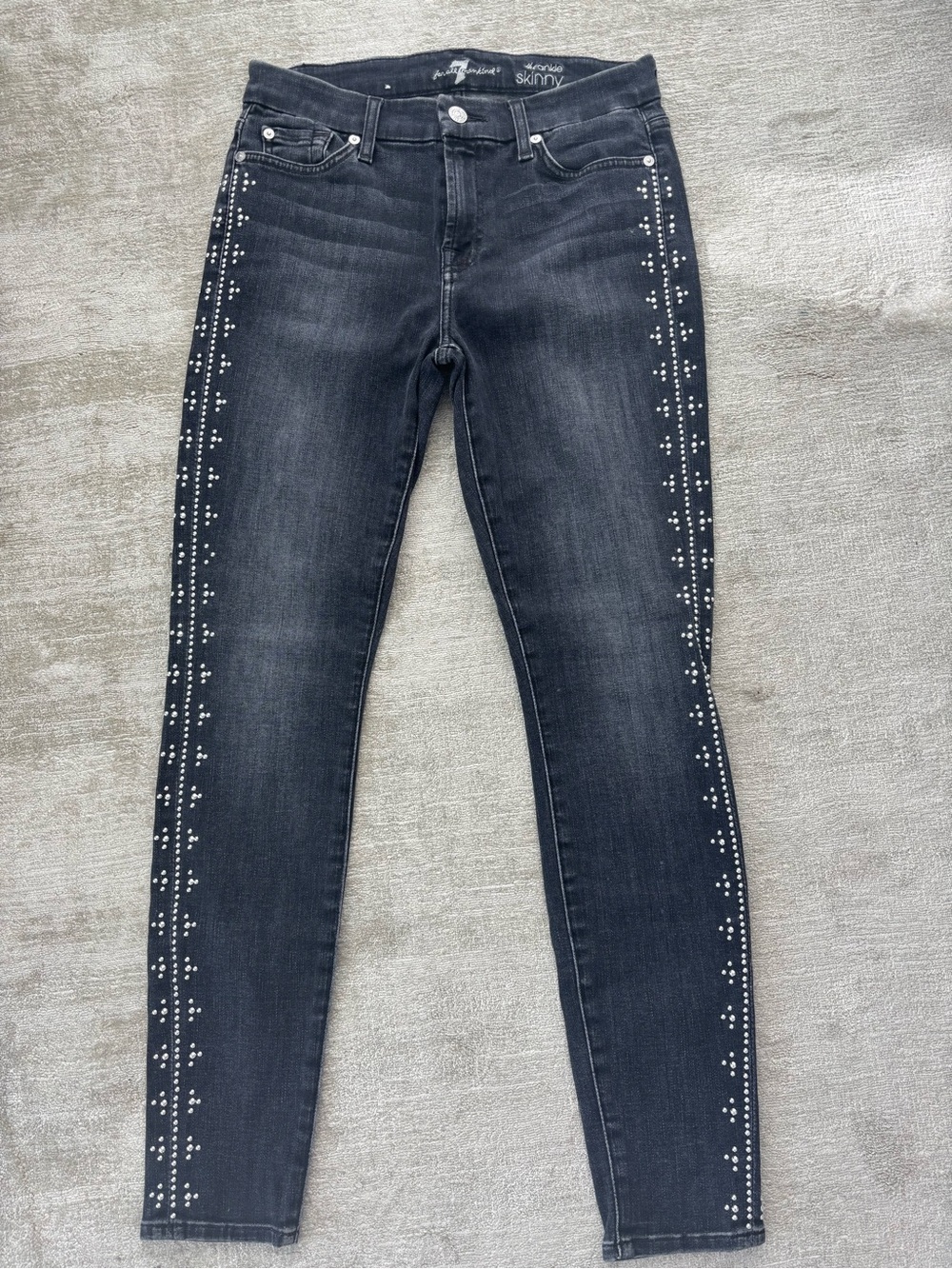 Dark Wash Skinny Jeans with Silver Stud Side Trim